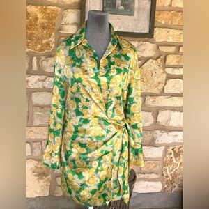 NWT Zara Green Yellow Printed Satin Shirt Mini Wrap Dress Size Small Long Sleeve